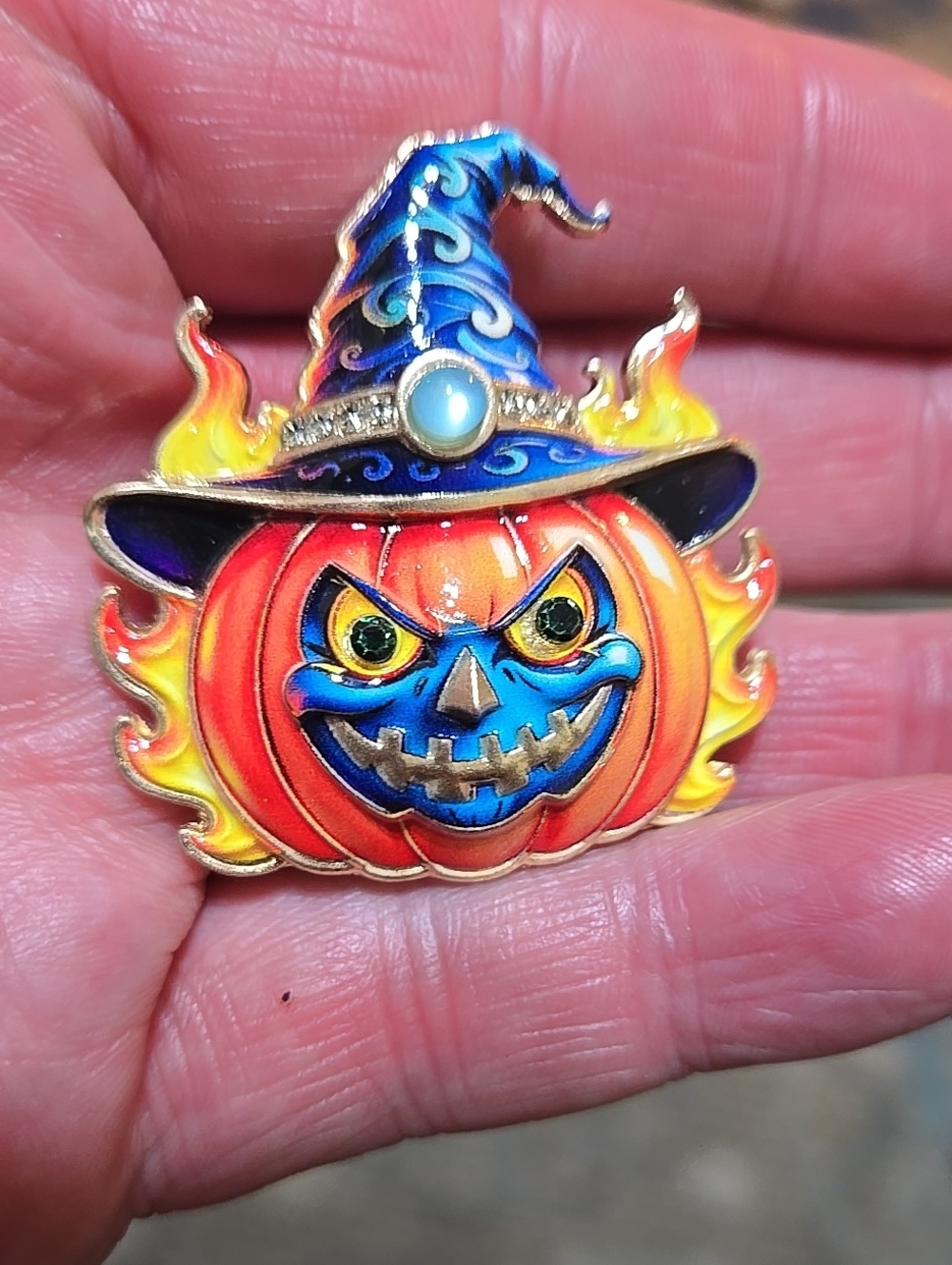 Blue & Orange Pumpkin Witch Pin by